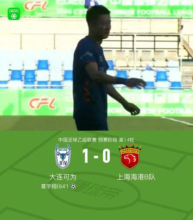 大连可为1-0送上海海港B队4轮不胜，葛宇翔制胜