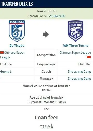 德转：三镇租借英博后卫李昂的租借费约120万人民币