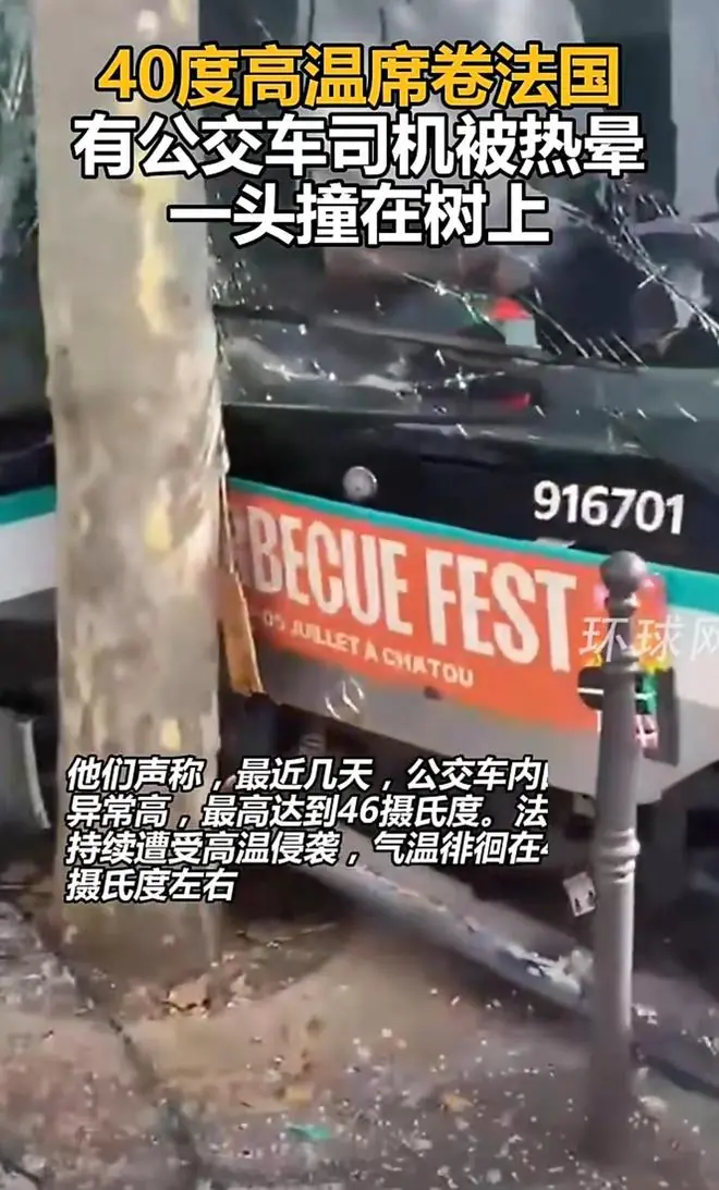 法国持续高温，公交车车内最高温达46摄氏度，有司机热晕致公交车直接撞上大树