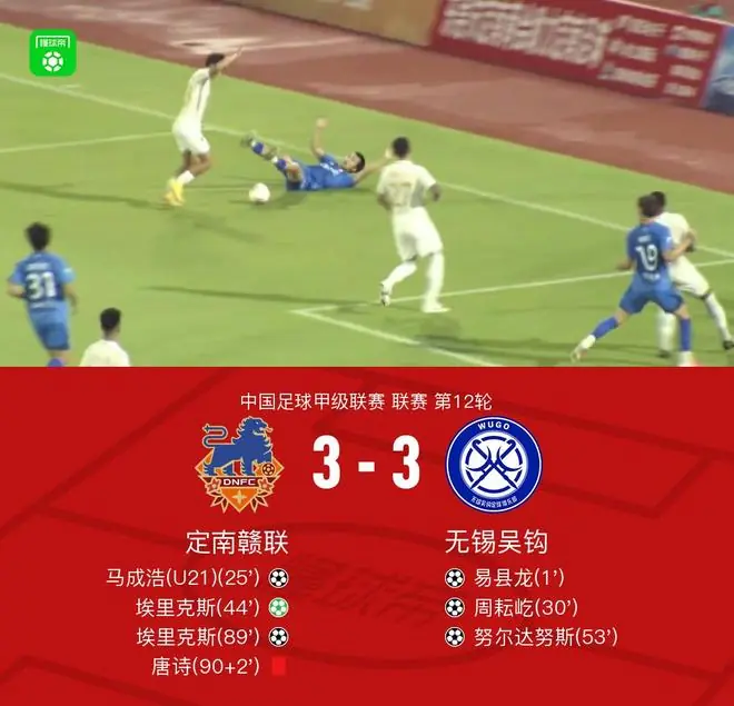 定南赣联3-3无锡吴钩，易县龙、周耘屹传射，埃里克斯绝平