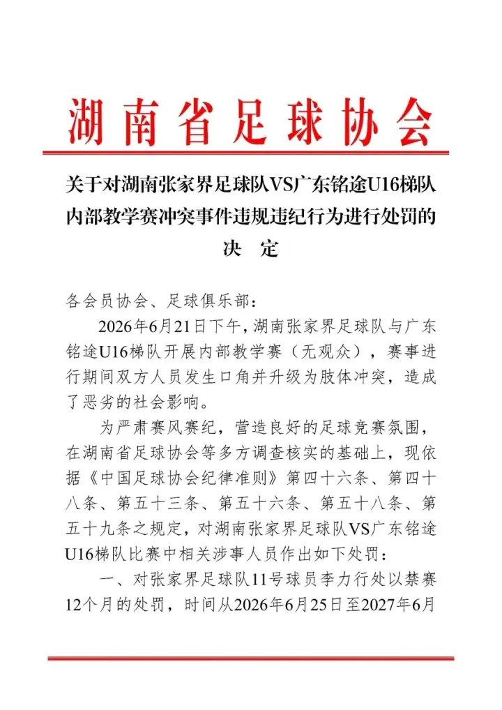 湖南省足协公布对张家界队处罚：一球员禁赛1年，三球员禁赛半年