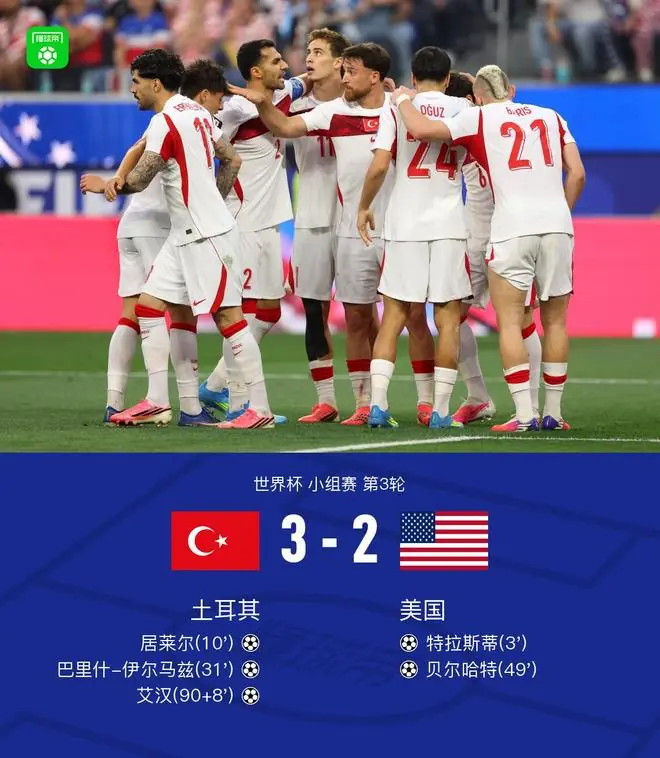 土耳其3-2读秒绝杀美国1胜2负垫底出局，居莱尔破门，伊尔马兹传射
