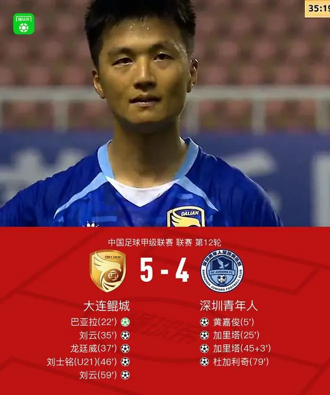 大连鲲城5-4深圳青年人，刘云世界波+双响，巴亚拉两传一射