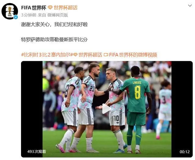 世界杯官方回应比利时“内讧”：谢谢大家关心，我们已经和好啦；此前2球员在赛场争吵，20分钟后深情相拥