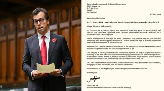 英议员致信FIFA请求给夸安萨缓刑：红牌判罚正确，但缓刑才是公平