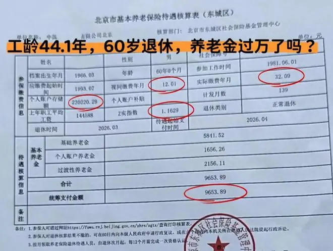 工龄44.1年，北京60岁退休养老金过万了吗？
