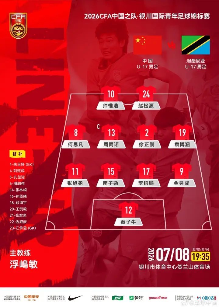 中国U-17男足vs坦桑尼亚U-17男足 中国队首发阵容公布！
